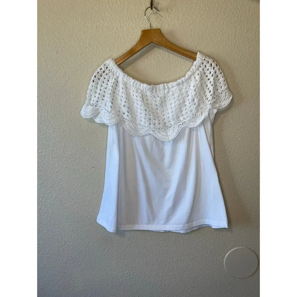 Collections Ect. Boho Cottage Off Shoulder Eyelet Crochet 100% Cotton Top Medium - Picture 3 of 8